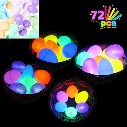 72 Pcs Easter Eggs with Mini Glow Sticks for Kids Glow-In-The-Dark, Easter Basket Stuffers Fillers Gift, Easter Theme Hunt Game Party Favors Decorations Supplies, Classroom Prizes