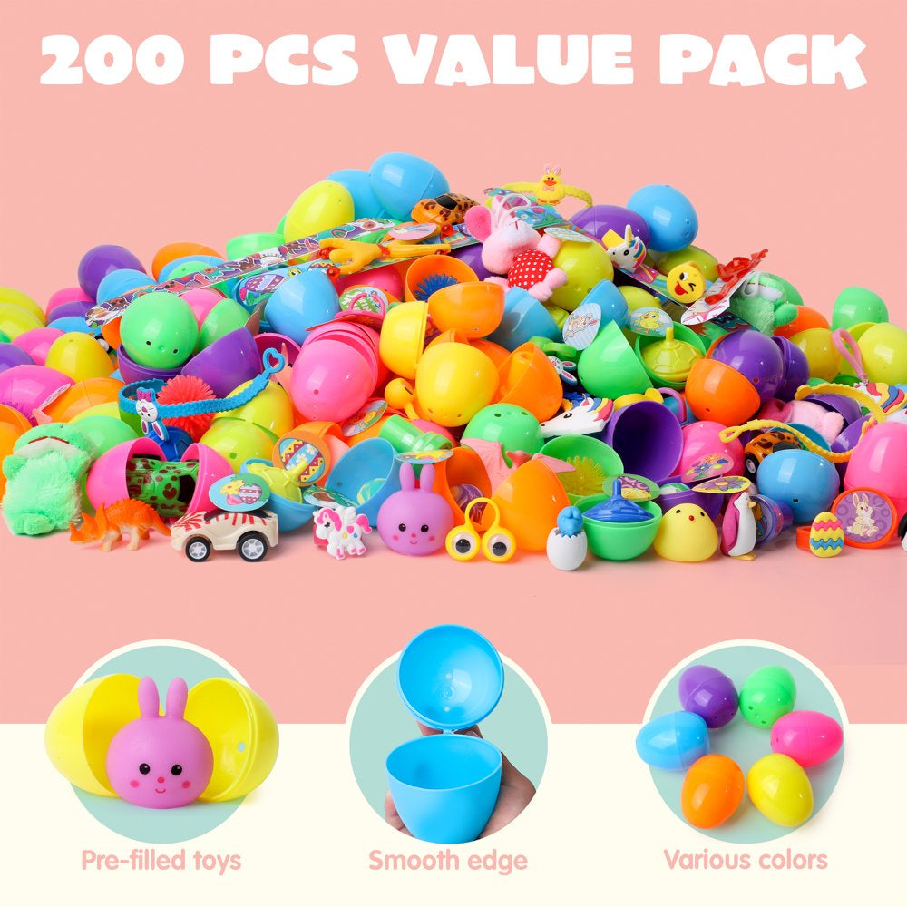 200 Pcs Prefilled Easter Eggs with Toys plus Stickers,Kids Easter Basket Set Easter Eggs Hunt,Easter Basket Stuffers Fillers,Easter Decorations