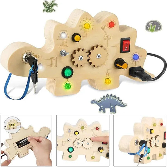 1Set Montessori Toddler Busy Board, Wooden Baby Dinosaur Busy Board Montessori Toys Sensory Toys Light Switch Toys Travel Toys for Toddlers 1-3+ Year Old Gear Toys Toddlers Age 2-4 Boy Girl Birthday Gift