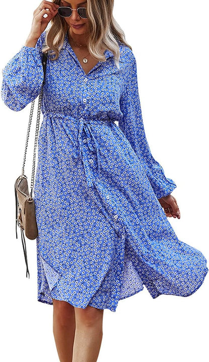 Womens V Neck Long Sleeve Button down Floral Print Fall Casual Boho Midi Dress