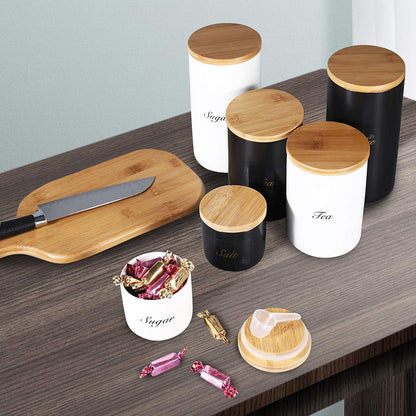 Black Canisters Sets for Kitchen-Set of 3 Coffee Canisters for Countertop with Airtight Bamboo Lids/Spoons/Stickers, Ceramic Food Storage Containers for Large Suger,Coffee,Tea (42/30/9OZ)