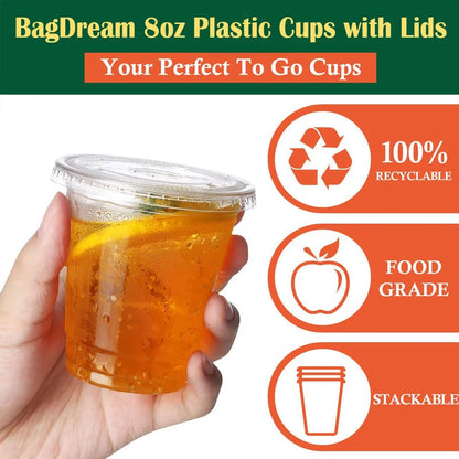 100 Sets 8 Oz Plastic Cups with Flat Lids, Disposable Clear Cups for Lids Ice Coffee Cups