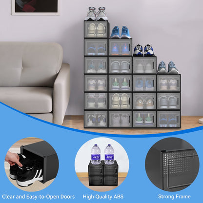 18 Pack Stackable Shoe Storage Boxes Shoe Organizer for Closet Shoe Box Container, Black / Medium