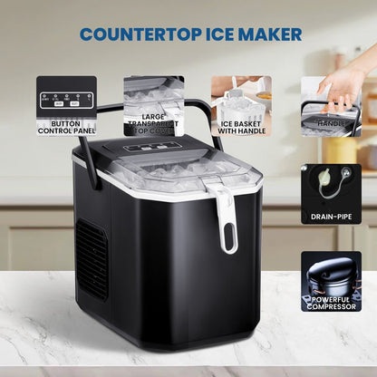 Countertop Ice Maker, Portable Ice Machine with Handle, 26Lbs/24H, 9 Cubes Ready in 8 Mins, with Ice Scoop and Basket, for Home/Office/Bar/Party (Black)