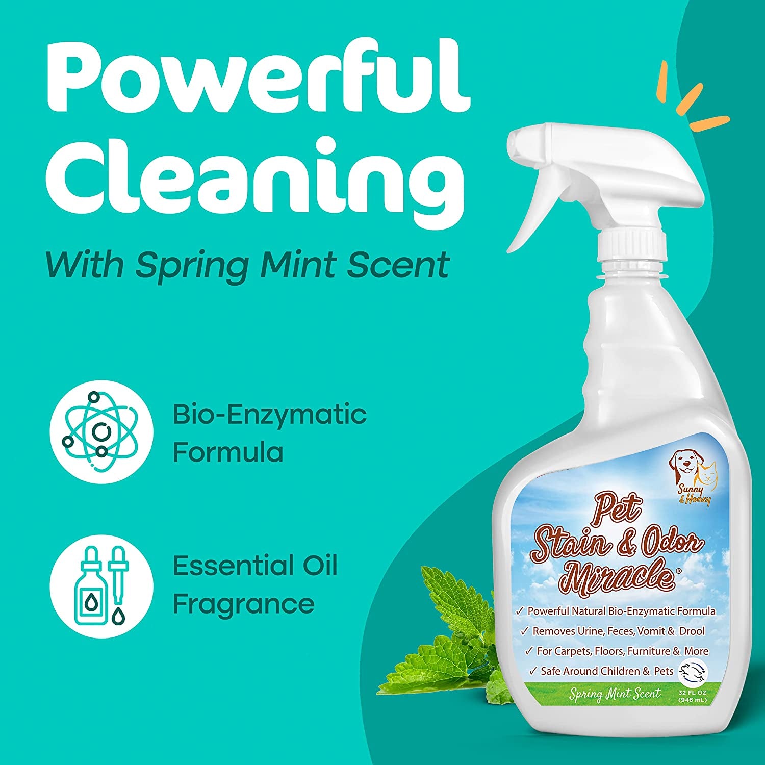 Pet Stain & Odor Miracle - Enzyme Cleaner for Dog Urine Cat Pee Feces Vomit, Enzymatic Solution Cleans Carpet Rug Car Upholstery Couch Mattress Furniture, Stain Eliminator (32FL OZ)