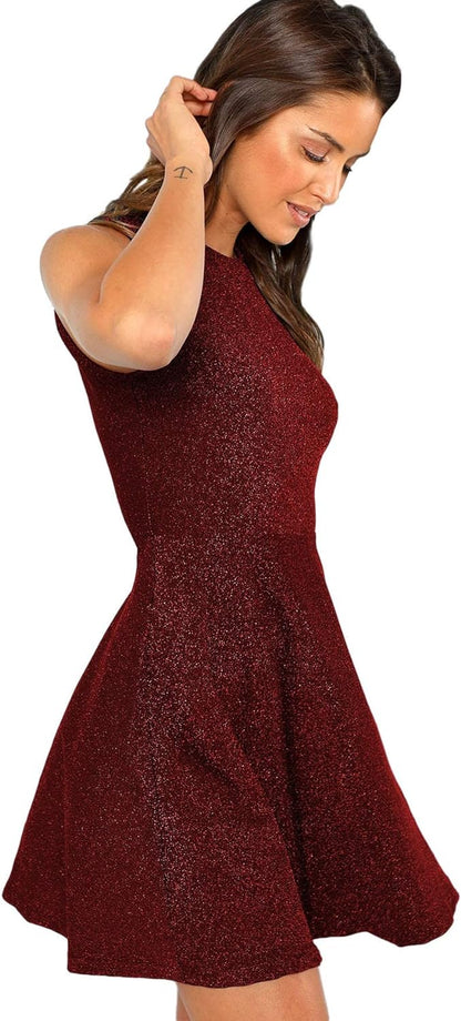 Women'S Sleeveless a Line Fit and Flare Glitter above Knee Party Cocktail Skater Dress