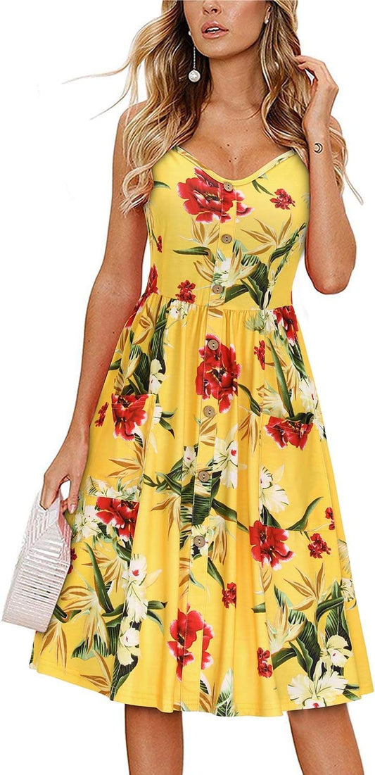 Women'S Summer Casual Sundress Button Sleeveless Spaghetti Strap Dress with Pockets