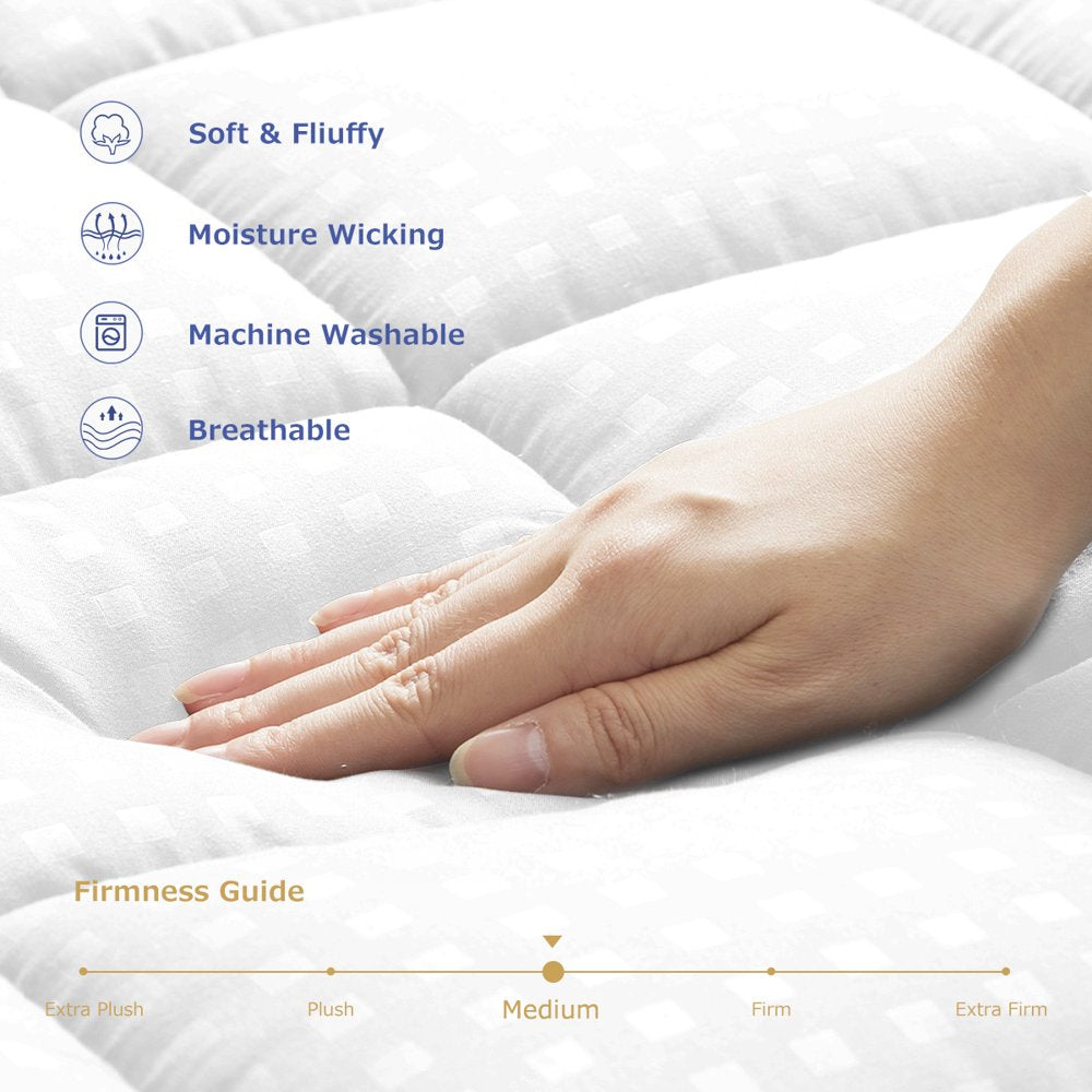 Queen Mattress Pad Quilted Fitted Mattress Protector Cooling Pillow Top Mattress Cover Breathable Fluffy Soft Mattress Topper with 8-21" Deep Pocket,White