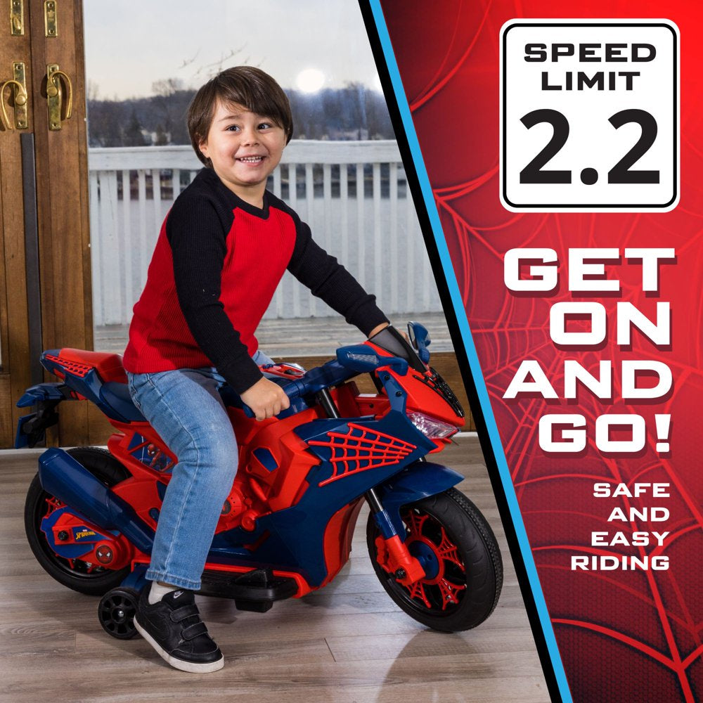 Spiderman 6V Motorcycle Ride On, for Kids, Ages 3+, Rechargeable Battery, up to 65Lbs