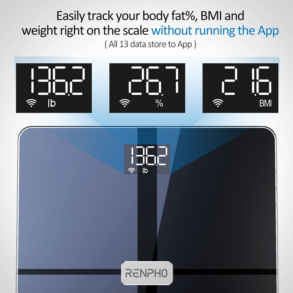 Wi-Fi Bluetooth Body Fat Scale, Body Weight Scale, Smart BMI Scale, Digital Scale, Wireless Body Composition Analysis & Health Monitor with ITO Coating Technology, Black