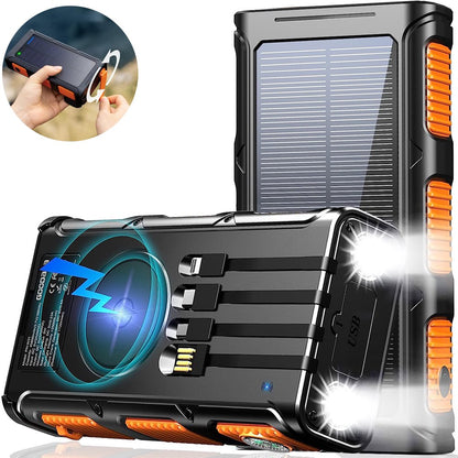 45800Mah Solar Power Bank Built in Hand Crank & 4 Cables, Battery Pack Qi Wireless Charger, Portable Solar Charger for Cell Phone