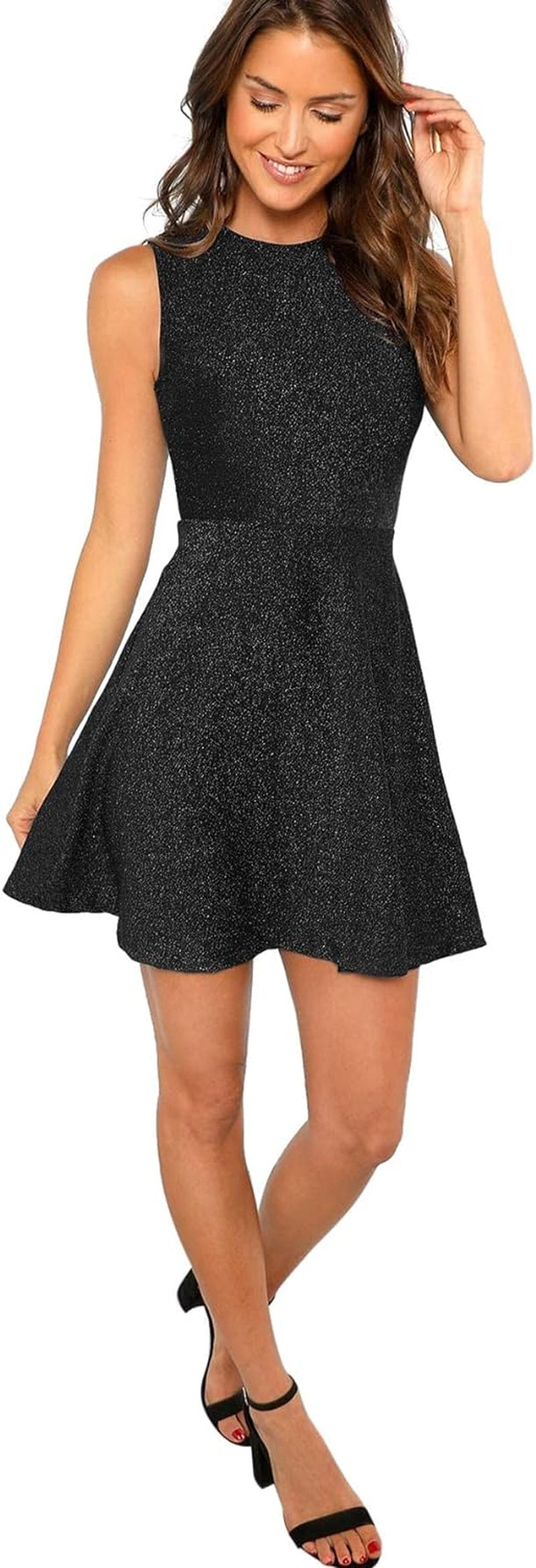 Women'S Sleeveless a Line Fit and Flare Glitter above Knee Party Cocktail Skater Dress