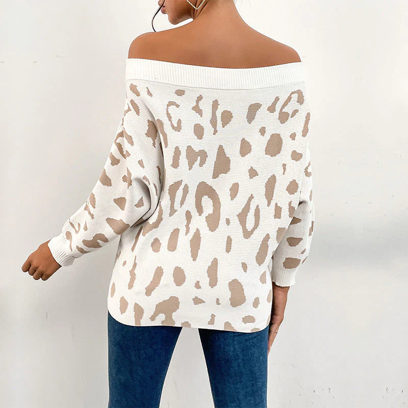 Knit Leopard Print Off-The-Shoulder Sweater