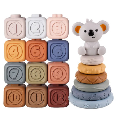 Block Toy Soft Silicone Soft Cubes Stacking Tower Bath Teether Rattles Building Blocks Toddlers Montessori Educational for Kids