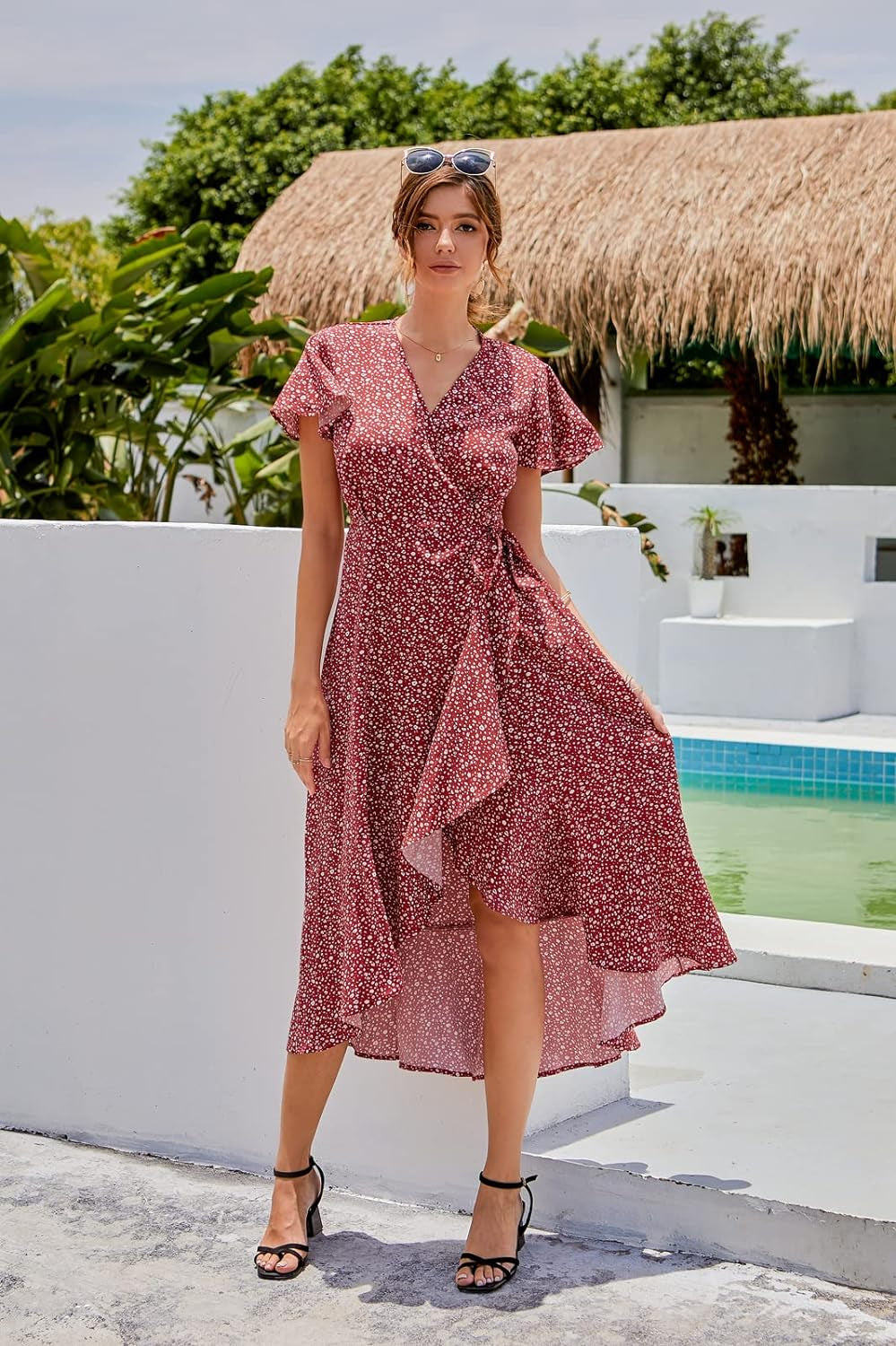 Womens Boho Floral Printed V Neck Wrap Dresses Short Sleeve Casual Beach Maxi Long Dress