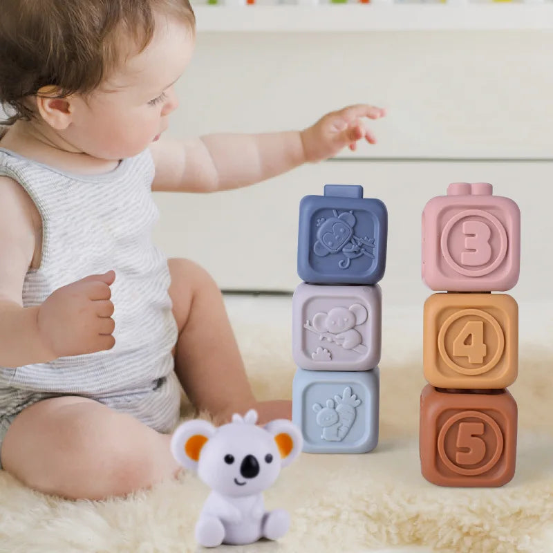 Block Toy Soft Silicone Soft Cubes Stacking Tower Bath Teether Rattles Building Blocks Toddlers Montessori Educational for Kids