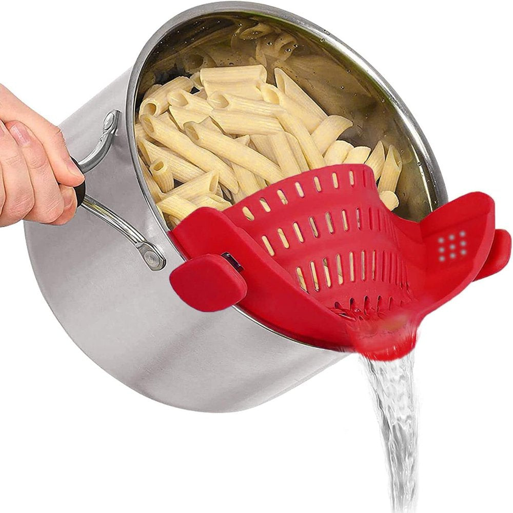 Pasta Strainer and Pot Strainer - Adjustable Silicone Clip on Strainer for Pans, Pots, and Bowls - Dishwasher Safe Kitchen Colander - Red Large