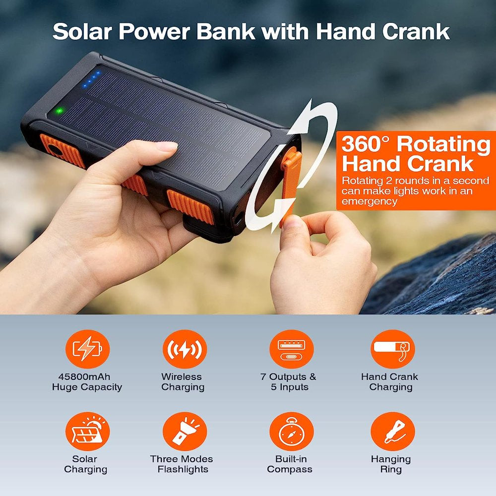 45800Mah Solar Power Bank Built in Hand Crank & 4 Cables, Battery Pack Qi Wireless Charger, Portable Solar Charger for Cell Phone