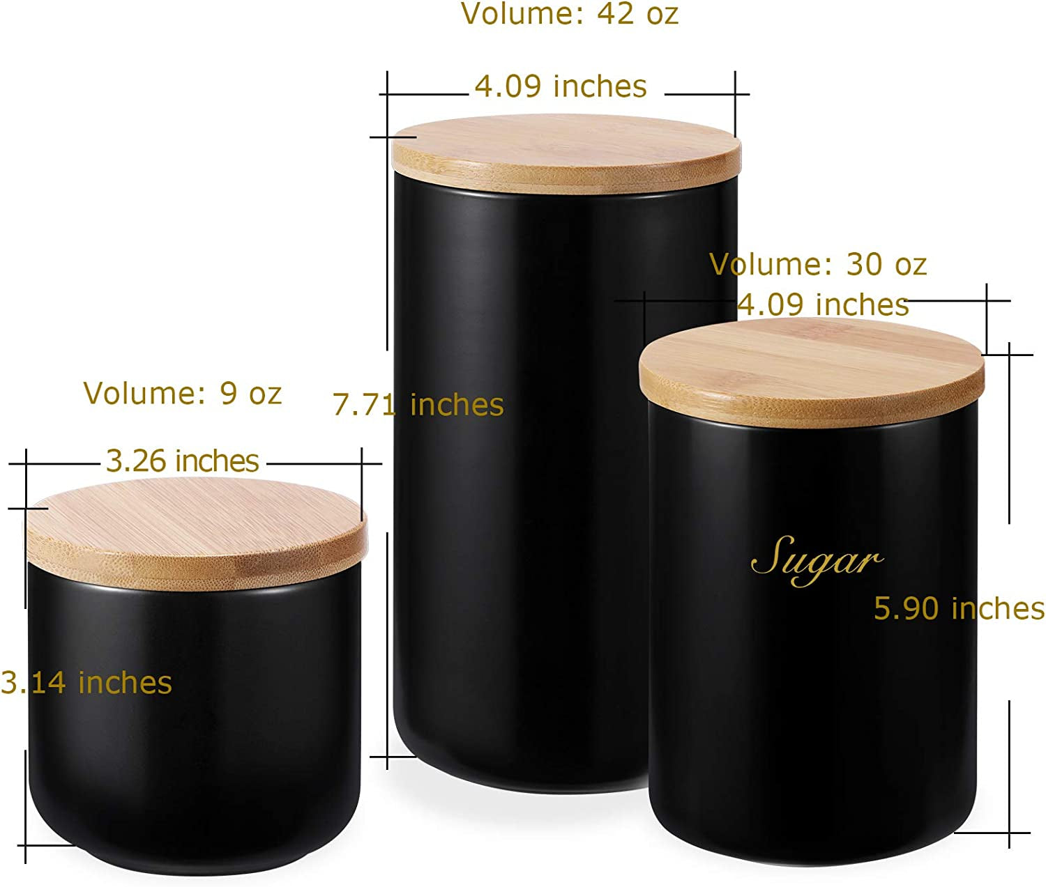 Black Canisters Sets for Kitchen-Set of 3 Coffee Canisters for Countertop with Airtight Bamboo Lids/Spoons/Stickers, Ceramic Food Storage Containers for Large Suger,Coffee,Tea (42/30/9OZ)