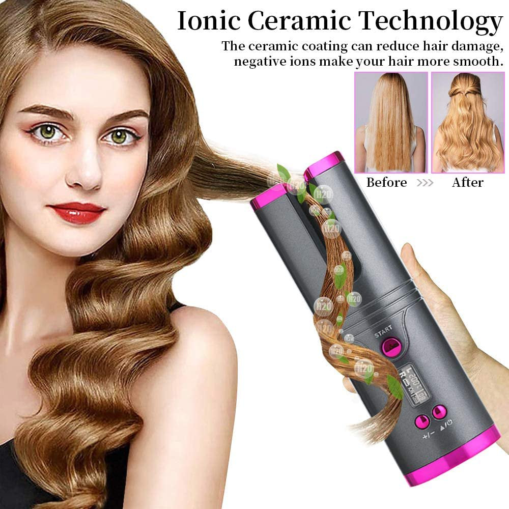 Hair Curler Automatic Cordless Curling Iron Wireless Hair Curler with LCD Temperature Display and Timer, Portable Rechargeable Ceramic Automatic Hair Curler Wand Fast Heating