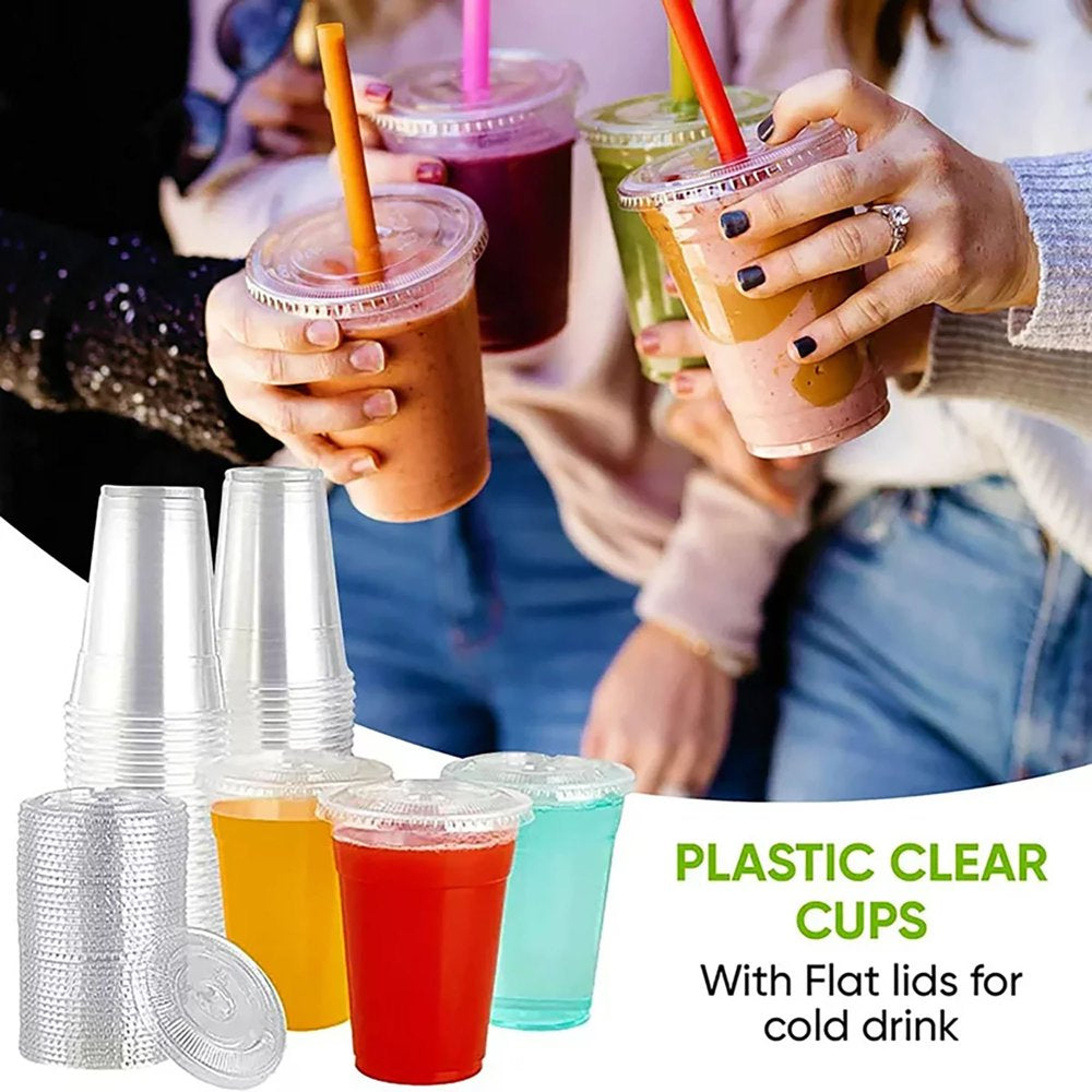 100 Sets 8 Oz Plastic Cups with Flat Lids, Disposable Clear Cups for Lids Ice Coffee Cups