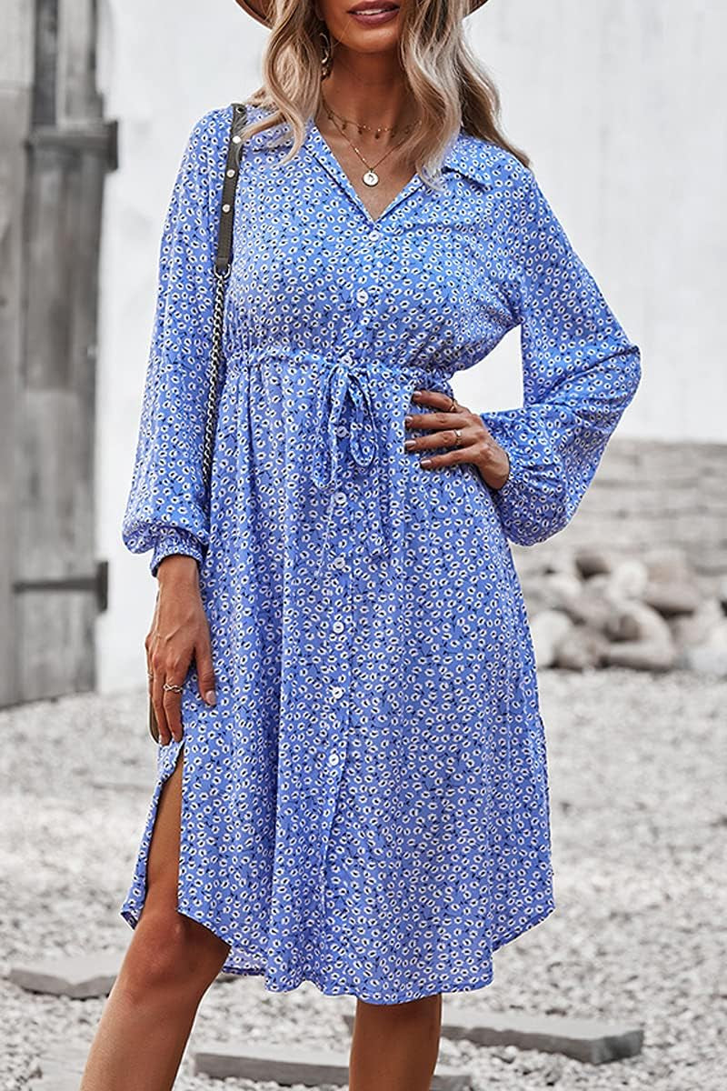 Womens V Neck Long Sleeve Button down Floral Print Fall Casual Boho Midi Dress