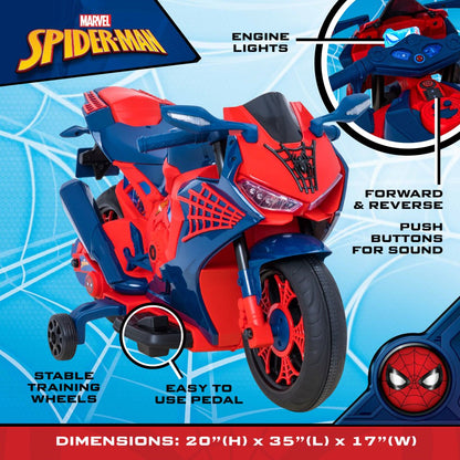 Spiderman 6V Motorcycle Ride On, for Kids, Ages 3+, Rechargeable Battery, up to 65Lbs