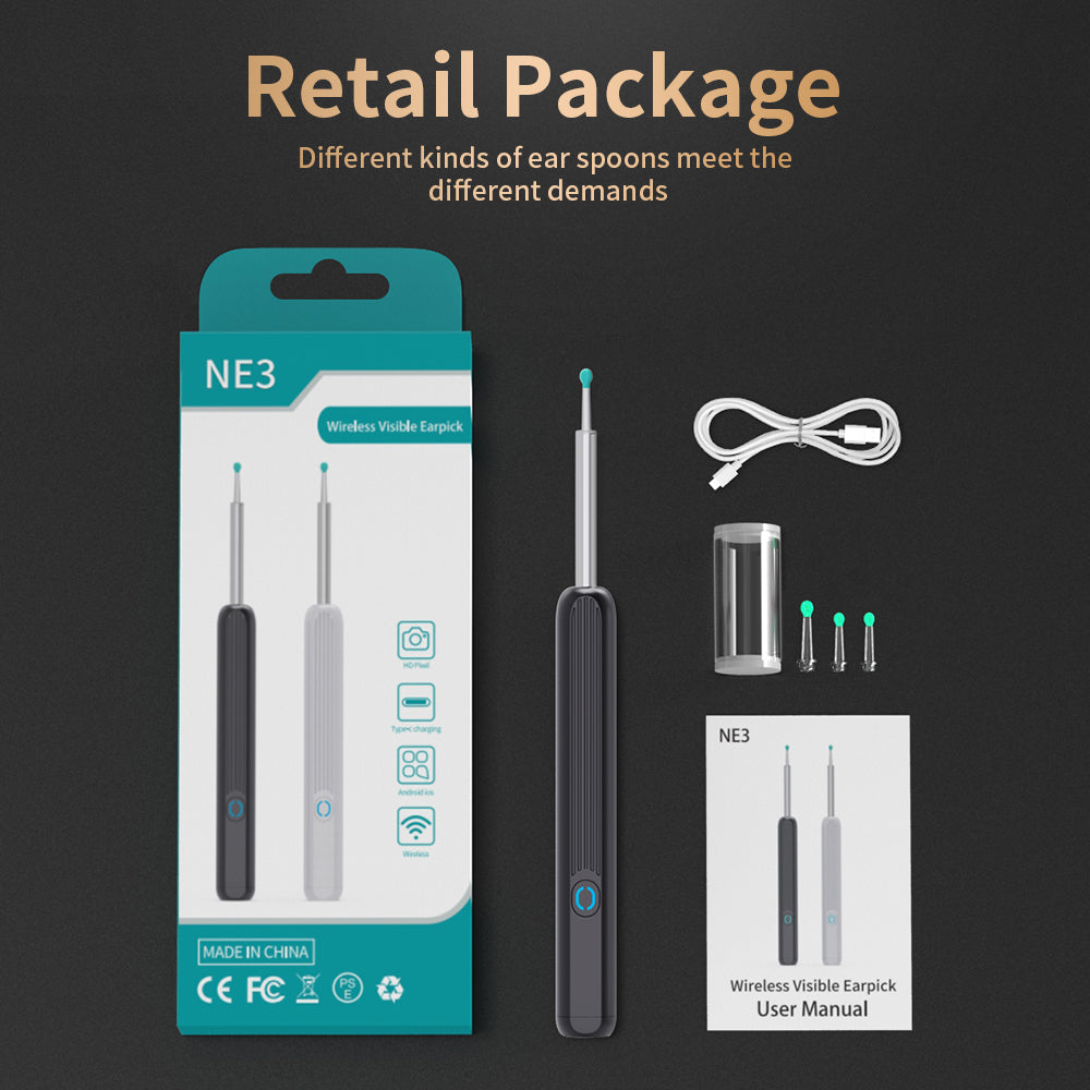 NE3 Ear Cleaner Otoscope Ear Wax Removal Tool with Camera LED Light Wireless Ear Endoscope Ear Cleaning Kit for I-Phone