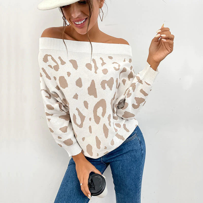 Knit Leopard Print Off-The-Shoulder Sweater