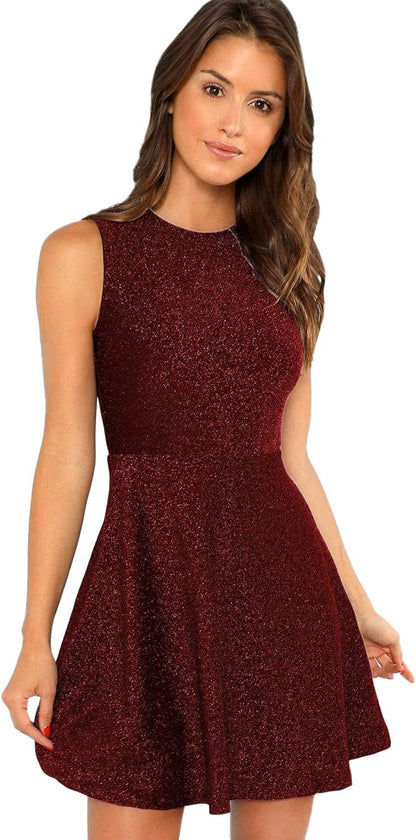 Women'S Sleeveless a Line Fit and Flare Glitter above Knee Party Cocktail Skater Dress