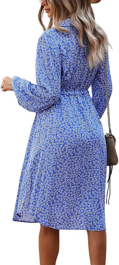 Womens V Neck Long Sleeve Button down Floral Print Fall Casual Boho Midi Dress