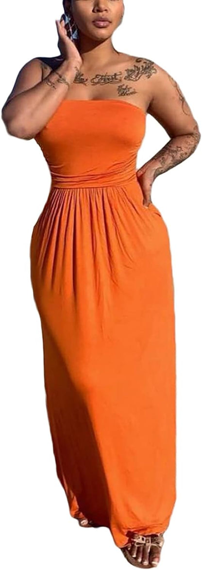 Womens Sexy Tube Top Long Dress Sleeveless Strapless Summer Casual Loose Maxi Dresses