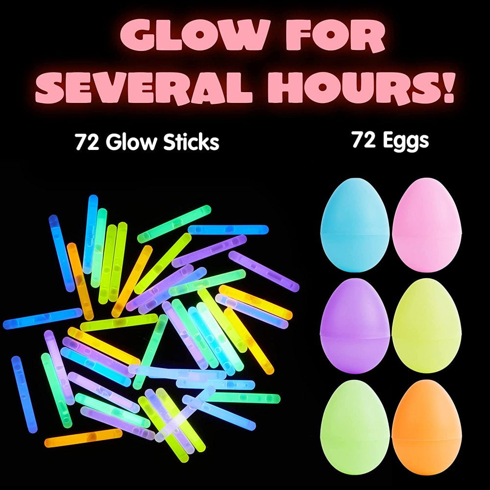 72 Pcs Easter Eggs with Mini Glow Sticks for Kids Glow-In-The-Dark, Easter Basket Stuffers Fillers Gift, Easter Theme Hunt Game Party Favors Decorations Supplies, Classroom Prizes