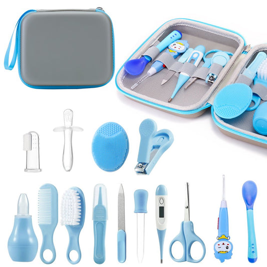 14Pcs Baby Grooming Kit, Food Grade Silicone Material Newborn Essentials, Portable Newborn Safety Care Set with Nail Clipper, Hair Brush, Ear Cleaner, Nasal Aspirator for Baby Girl Boys, Blue