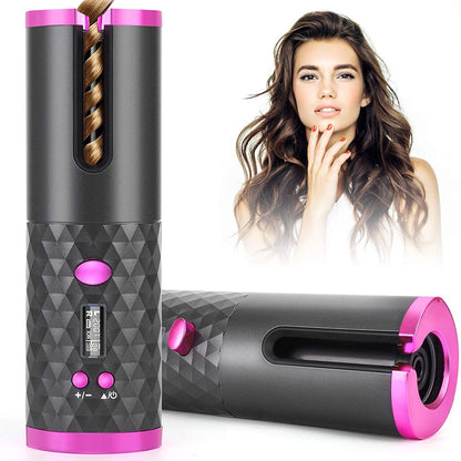 Hair Curler Automatic Cordless Curling Iron Wireless Hair Curler with LCD Temperature Display and Timer, Portable Rechargeable Ceramic Automatic Hair Curler Wand Fast Heating