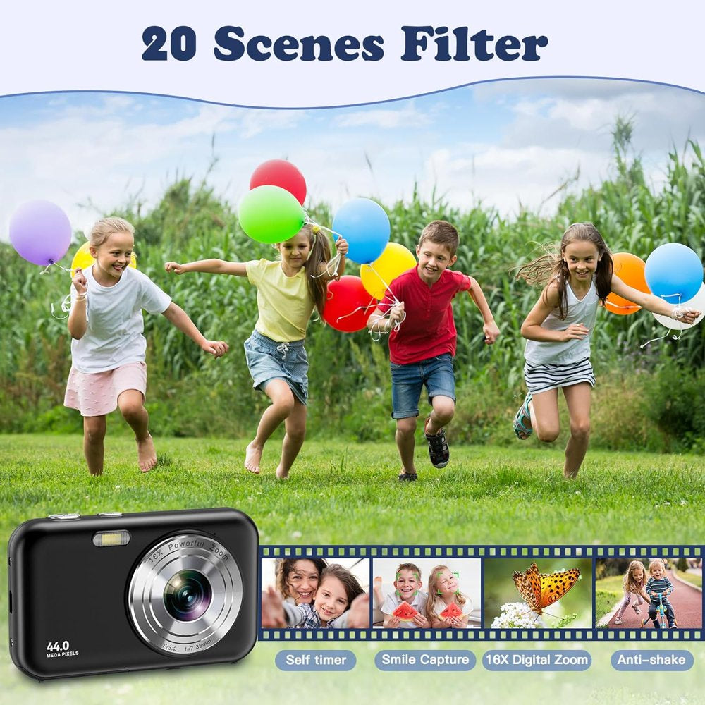 Digital Camera 1080P Kids Camera 16X Digital Zoom Portable Small Camera Point and Shoot Camera Mini Digital Camera for Teens Kids Seniors with 32GB Card(Black)