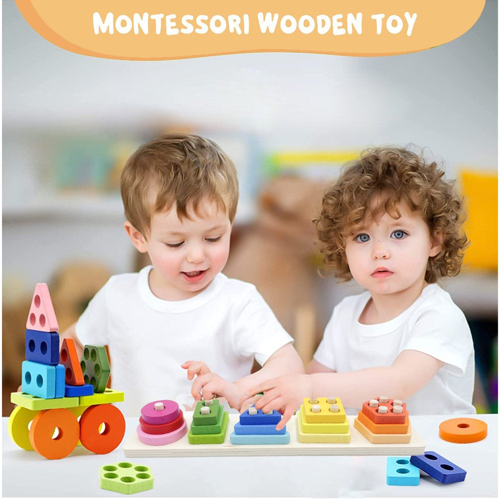 Montessori Learning Toys for 1 2 3 Year Old, Wooden Sorting and Stacking Toys for Toddler Girls and Boys