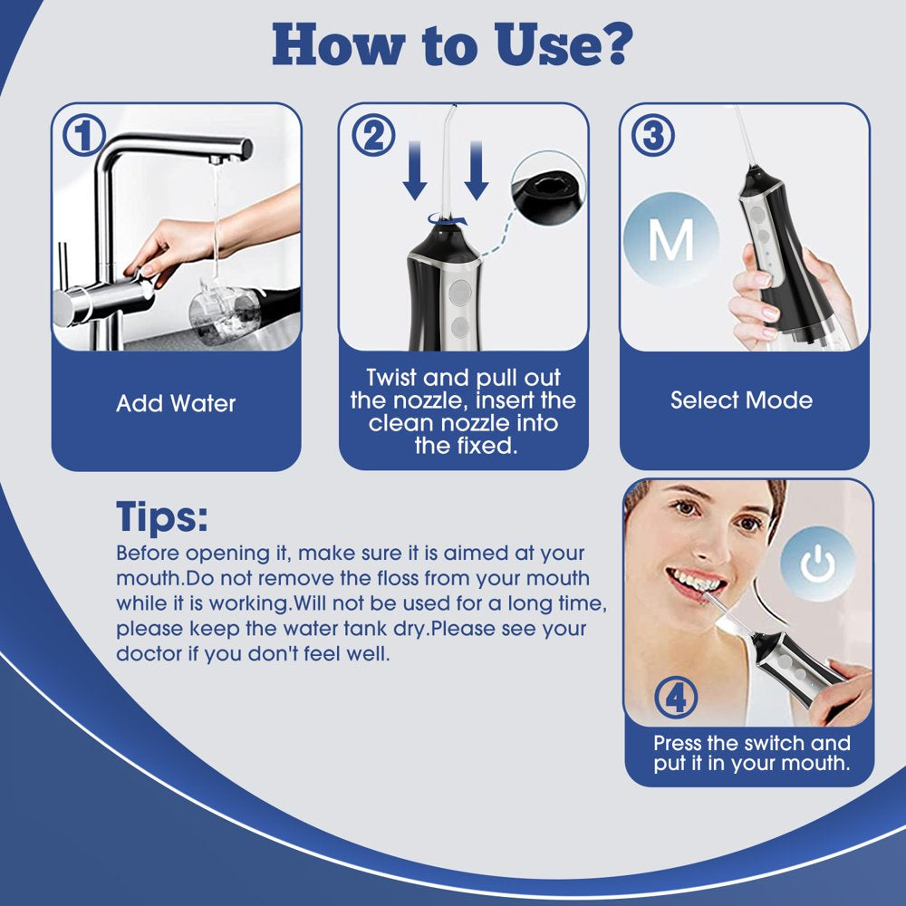 Water Flosser Cordless for Teeth Cleaning, Rechargeable Oral Irrigator 3 Modes 5 Tips IPX6 Waterproof Powerful Battery Water Teeth Cleaner Pick for Home Travel