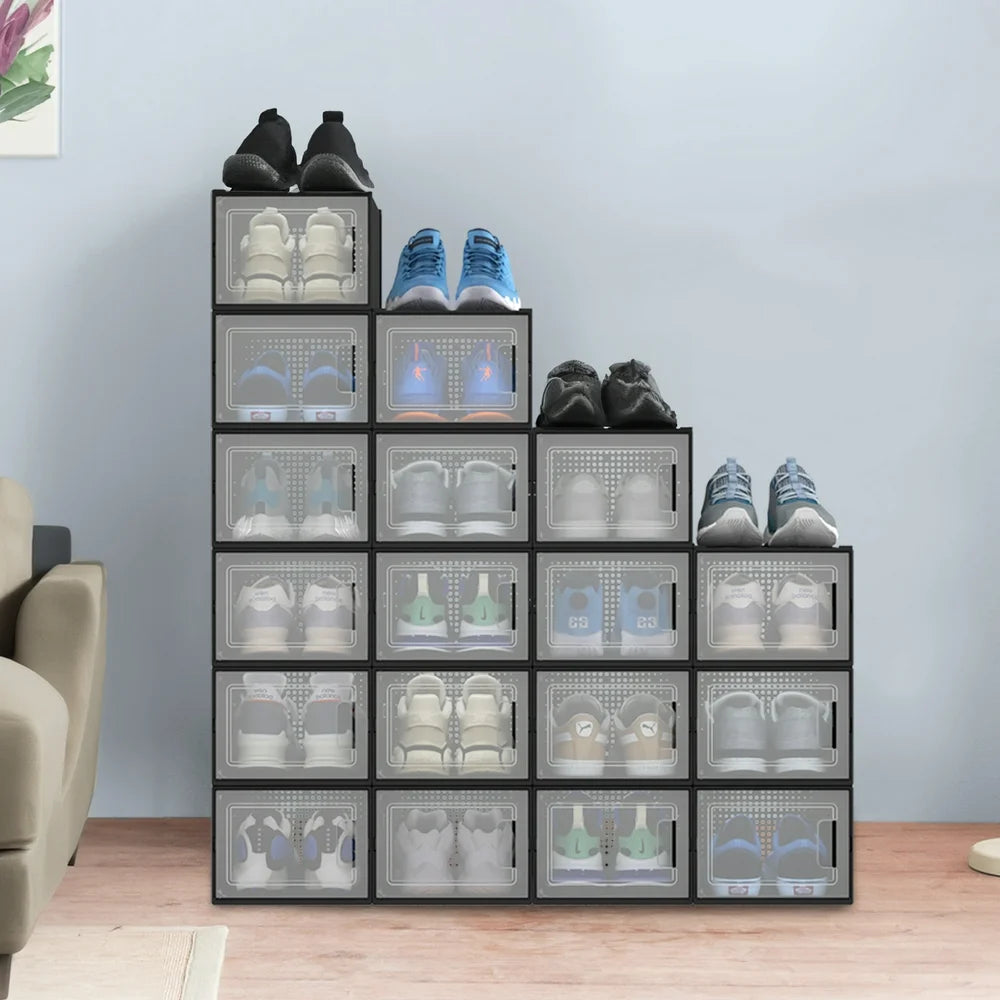 18 Pack Stackable Shoe Storage Boxes Shoe Organizer for Closet Shoe Box Container, Black / Medium