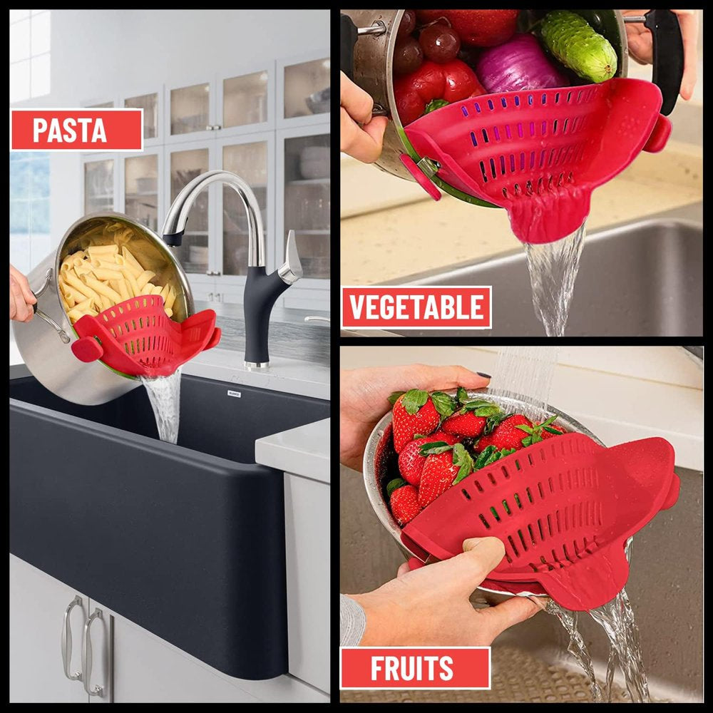 Pasta Strainer and Pot Strainer - Adjustable Silicone Clip on Strainer for Pans, Pots, and Bowls - Dishwasher Safe Kitchen Colander - Red Large