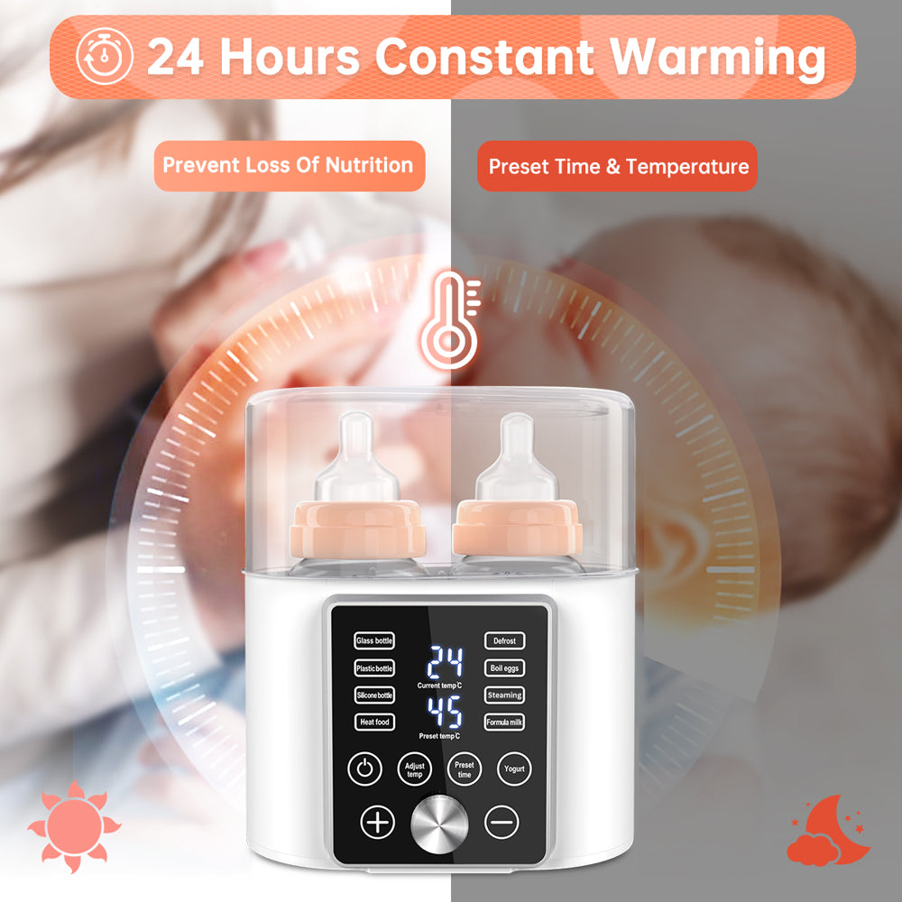 Baby Bottle Warmer, 12-In-1 Babies Fast Bottle Milk Warmer, Double Food Heater Defrost Bpa-Free with Twins, LCD Display, Timer & 24H Temperature Control for Breastmilk & Formula