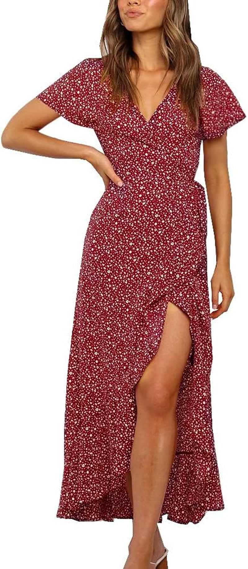 Womens Boho Floral Printed V Neck Wrap Dresses Short Sleeve Casual Beach Maxi Long Dress