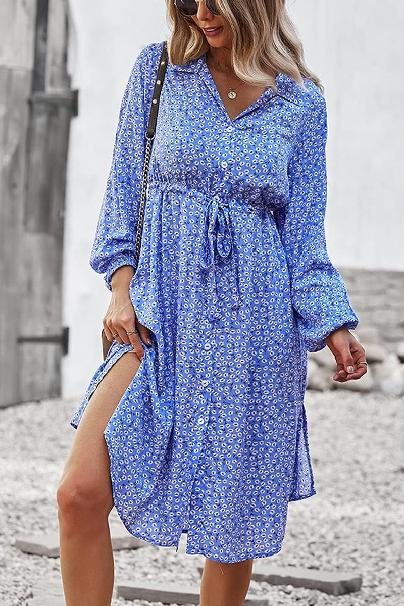 Womens V Neck Long Sleeve Button down Floral Print Fall Casual Boho Midi Dress