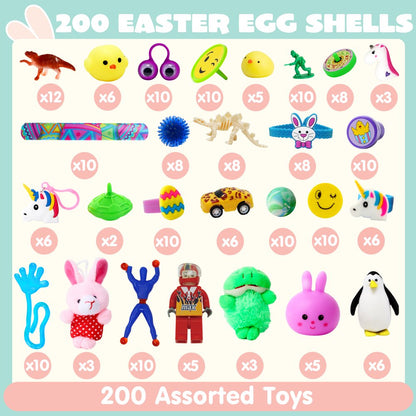 200 Pcs Prefilled Easter Eggs with Toys plus Stickers,Kids Easter Basket Set Easter Eggs Hunt,Easter Basket Stuffers Fillers,Easter Decorations