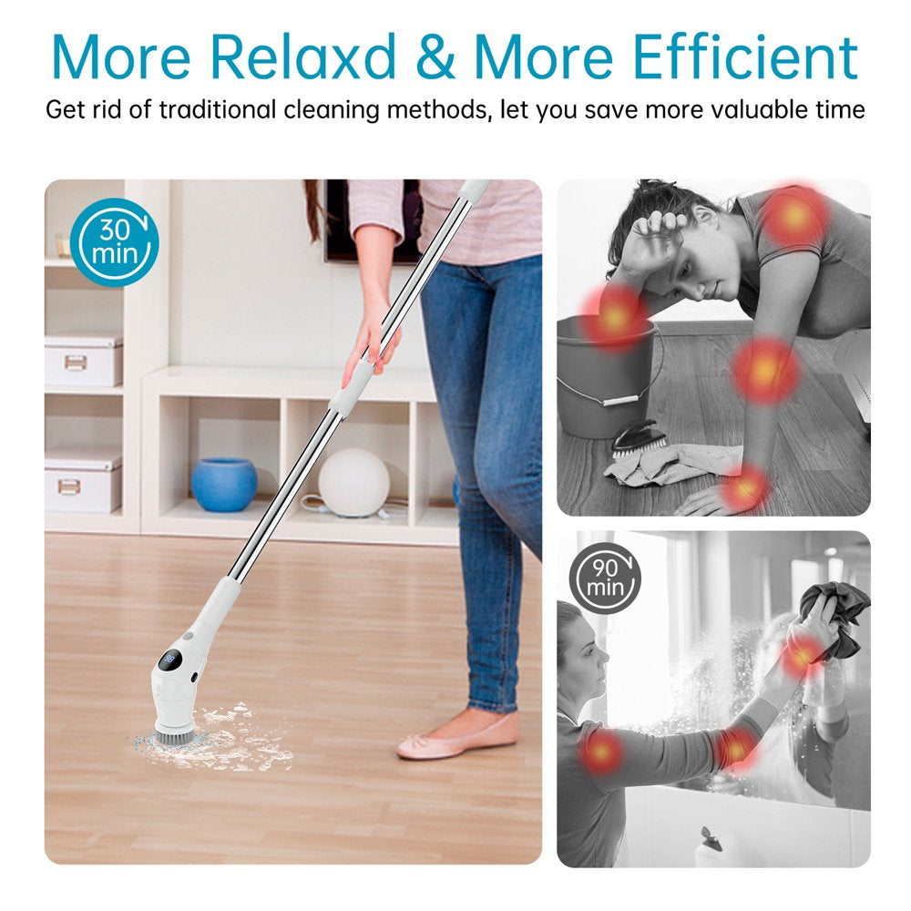 8 in 1 Electric Spin Scrubber with Adjustable Handle & Night Light, Cordless Handheld Electric Cleaning Brush with LCD Display, 3 Level Speeds