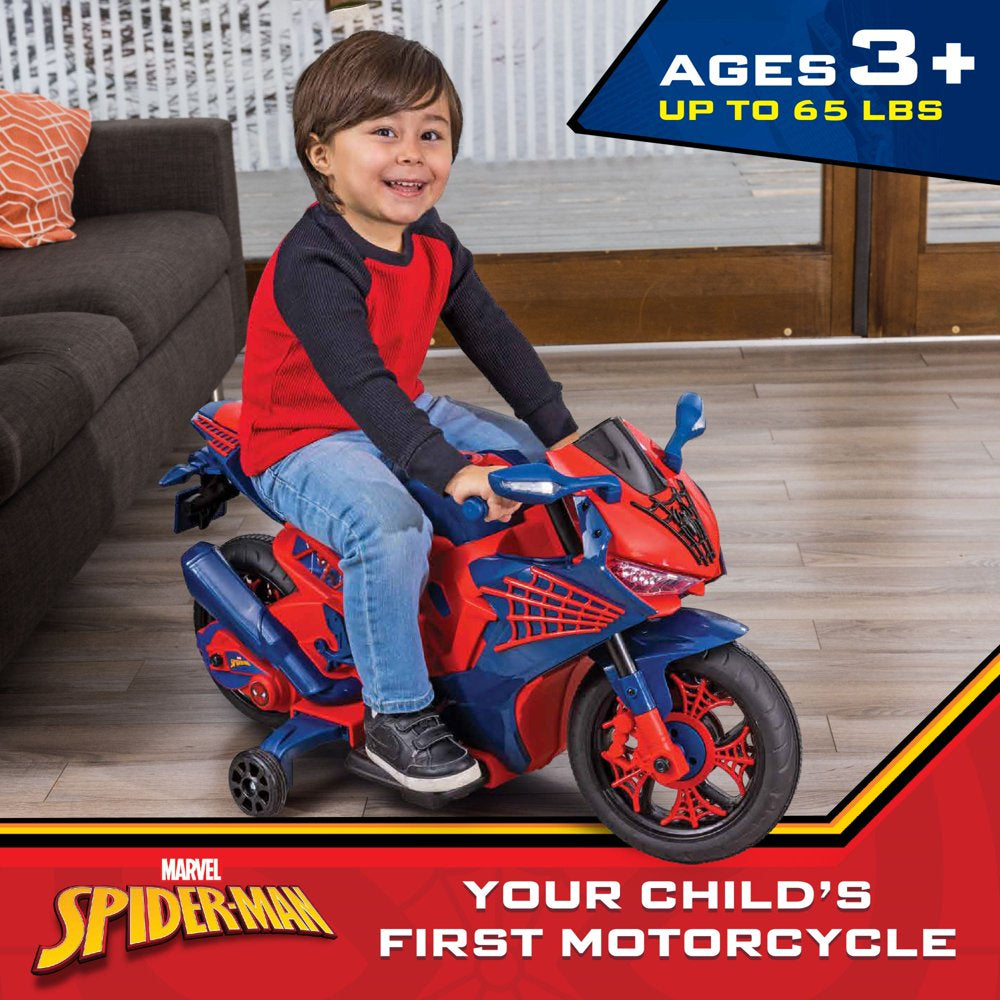 Spiderman 6V Motorcycle Ride On, for Kids, Ages 3+, Rechargeable Battery, up to 65Lbs