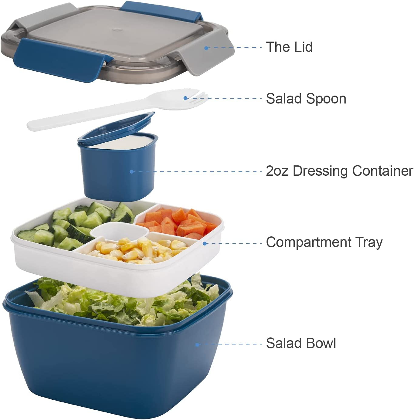 Salad Lunch Container to Go, 52-Oz Salad Bowls with 3 Compartments, Salad Dressings Container for Salad Toppings, Snacks, Men, Women (Blue)